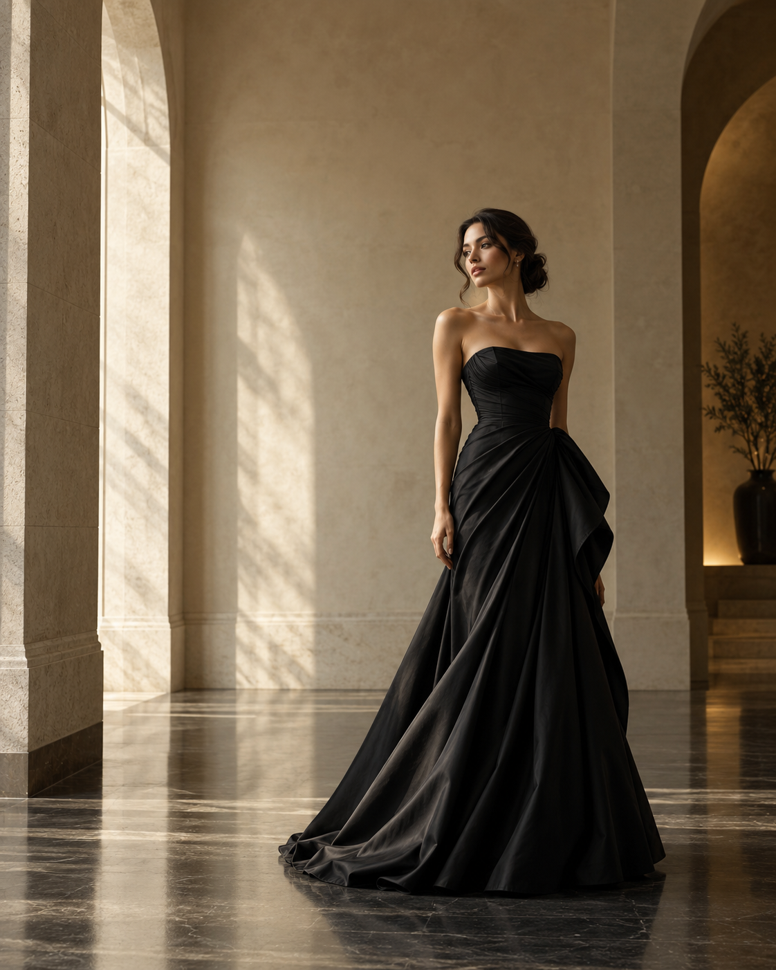 Model wearing a sculptural black evening gown